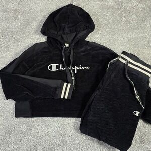 Champion Womens Corduroy Hoodie Jogger Set Size M Black Reverse Weave